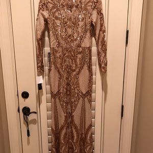Betsy & Adam Long Sleeve Sequined Gown, Rose Gold